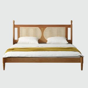 Handmade Teak Wood Rattan Bed Frame – Cane Headboard Platform Bed – Twin, Full, Queen, King, Cal King – Boho Japandi Bedroom Furniture
