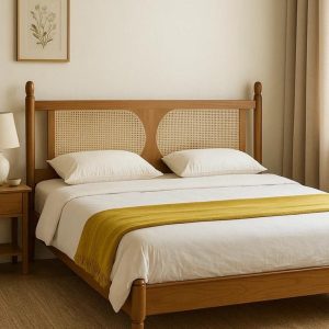 Teak Wood Rattan Bed Frame – Handmade Platform Bed in Twin, Full, Queen, King, Cal King – Cane Headboard – Boho Japandi Bedroom Furniture