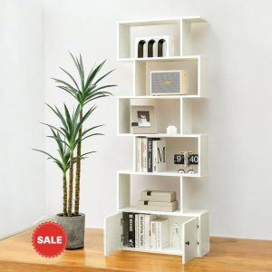 S-Shaped Bookshelf with Cabinet – 6-Tier Freestanding Geometric Bookcase with Doors for Living Room, Home Office & More