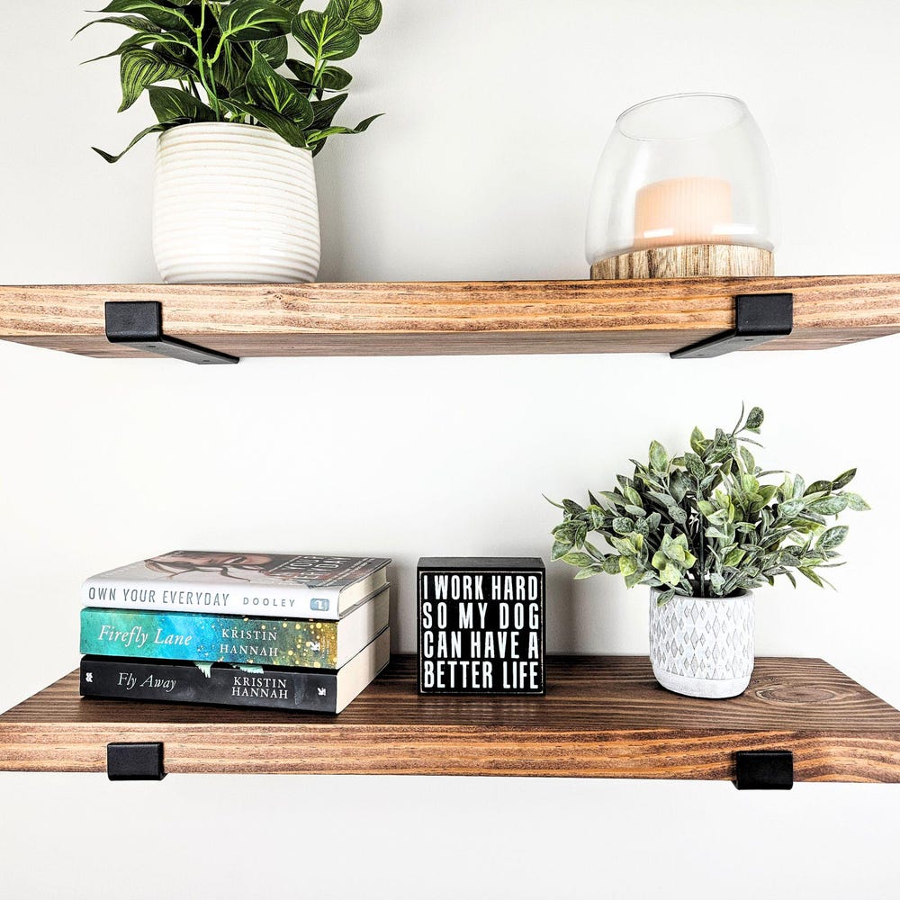 RENTER FRIENDLY Shelves – Set of TWO Wood Floating Shelves – High Quality Rustic Shelving with Industrial Brackets – Shelf for Apartment - Image 6
