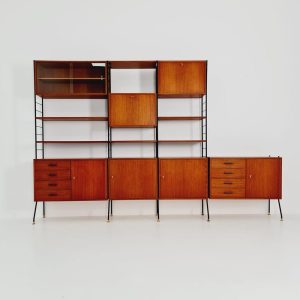 Freestanding string shelf-system unit bookcase teak & metal by Silverschild Germany, 1950s