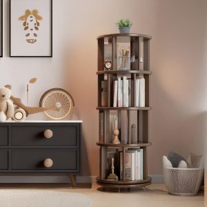 4 Tier Solid Wood 360 Rotating Bookshelf, Round Revolving Bookcase, Corener Bookshelf, Kids Bookshelf, Floor Bookshelf, Mid Century Bookcase