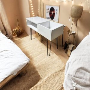 Modern Record Player Stand with Storage, Vinyl Console Table, Customizable Turntable Cabinet, Record Cube Shelf, White & Black Legs