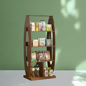 Mid-Century Modern Small Bookshelf – 4-Shelf Wooden Bookcase with Adjustable Design, Oval Display Stand in Vintage Walnut Finish