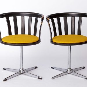 Pair of Vintage Swivel Chairs – 1970s German Design – Black Lacquered Beech & Chrome – Yellow Upholstery – Restored Mid-Century Style