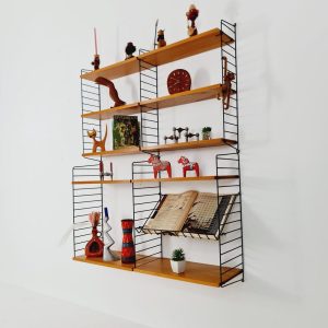 Wall-mounted original teak Swedish string shelf system, drawers, bookcase teak by Nils & Kajsa Strinning, 1960s