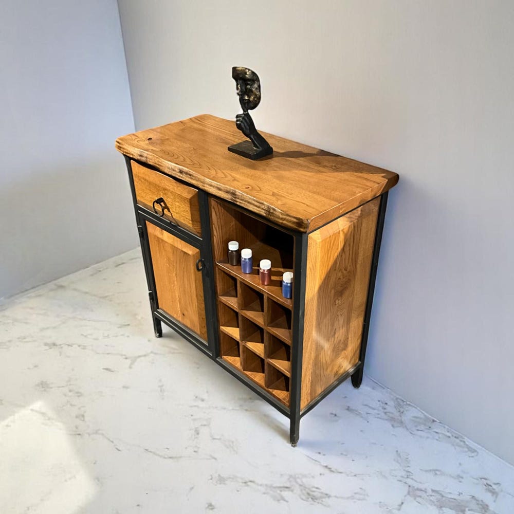 Wood Wine Rack Kitchen Cabinet Shelf | Walnut Wood Mini Wine Bar & Liquor Storage Sideboard - Image 3
