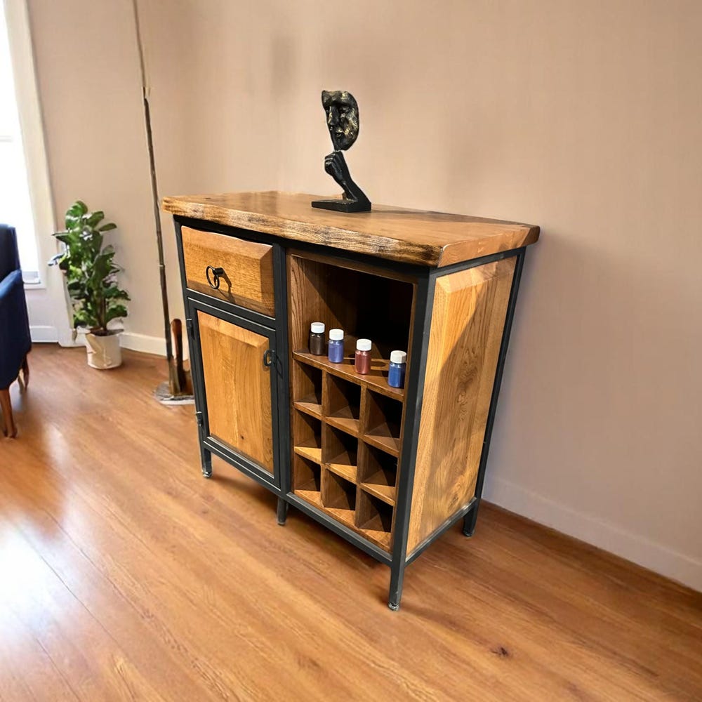 Wood Wine Rack Kitchen Cabinet Shelf | Walnut Wood Mini Wine Bar & Liquor Storage Sideboard - Image 8