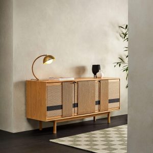 Large Oak Sideboard,Solid Wood Storage Cabinet with Woven Detailing,Modern 3-Door Credenza,Contemporary Living Room＆ Dining Room Furniture