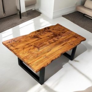 Live Edge Solid Wood Coffee Table, Rustic Coffee Table with Metal Legs, Handmade Wood and Metal Table for Living Room