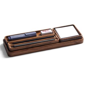 Rustic Wooden Desk Organizer Set with Pen Holder and Tray – Office Decor Gift for Men Women, Minimalist Home Office Accessories