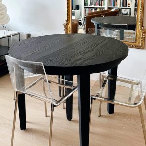 Extendable Round Dining Table, Round Wood Table with 4 Leaves, Round Extending Table, Small Round Extension Table, Black Oak Dining Table