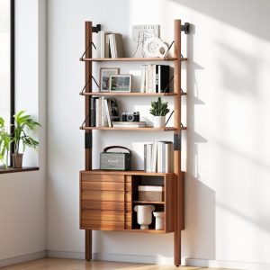 Ladder Bookshelf with Storage Cabinet – 6-Tier Wall Mounted Mid-Century Modern Bookcase with Wood & Metal Frame | Space-Saving-Cherry