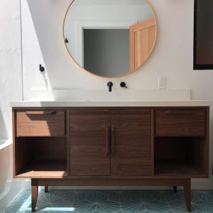 Handmade Mid Century 60" Bathroom Vanity Cabinet, Single Sink 2 Door 2 Drawer with Towel Storage, USA Made