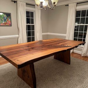 Natural Chestnut Live Edge Dining Table | Rustic Design with Tree Trunk Legs | Walnut Slab Table | Rustic Modern Live Edge Dining