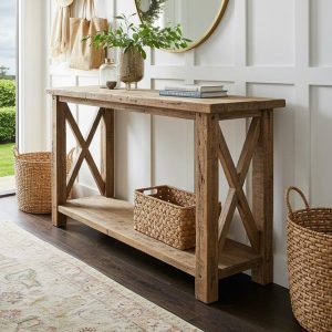 Reclaimed Wood Console Table with Shelf, Farmhouse Hallway Entryway Table Narrow, Customizable Handmade Sofa Table with Storage