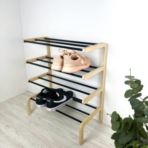 Wood and Metal Shoe Rack for Entryway |  Free Standing Vertical Shoe Organizer for Closet | 4 Tiers