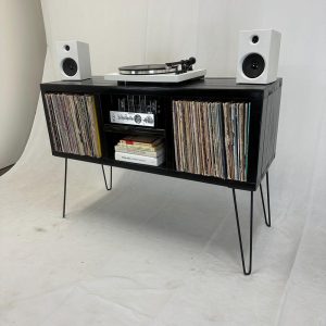 Ready to ship no substitutions available: 45 inch classic black widebody triple section record holder with vertically adjustable shelf