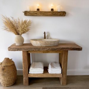 Custom Handmade Rustic Wooden Bathroom Vanity | Farmhouse Style Sink Shelf | Live Edge Handcrafted Unique Wood Table | Mid Century Cabinet