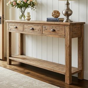 Reclaimed Wood Console Table with Shelf, Farmhouse Hallway Entryway Table Narrow, Customizable Handmade Sofa Table with Storage