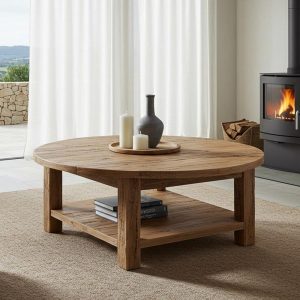 Rustic Round Coffee Table for Living Room Custom Handmade Reclaimed Wood Barnwood Coffee Table with Shelf Low Round Furniture Decor for Gift