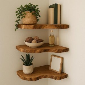 Rustic Wooden Corner Shelf – Handmade Natural Wall Shelf – Walnut Color Organic Edge Shelf