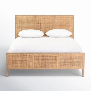Customized Mid-Century Modern Queen Bed Frame – Solid Wood Platform Bed with Walnut Finish & Headboard, Minimalist Bedroom Furniture
