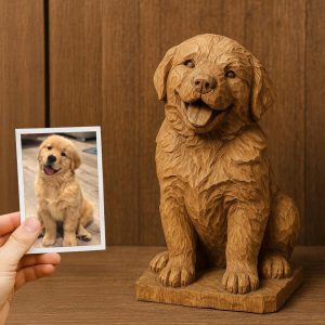 Custom Wooden Dog Memorial – Pet Portrait Figurine from Photo – Personalized Sculpture Gift for Pet Loss Tribute