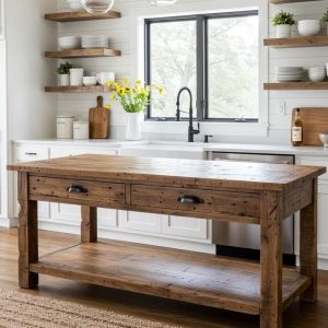 Reclaimed Wood Kitchen Island with Storage, Rustic Wood Kitchen Island with Drawers, Counter Height Kitchen Table, Farmhouse Kitchen Table