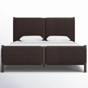 Leather Headboard Bed, Mid-Century Wood Bed, Queen King Frame, Minimalist Platform Bed, Custom Solid Wood Bed Frame