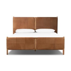 Custom Mid-Century Modern Leather Headboard Bed Frame – Solid Wood Platform Bed, Queen King Sizes, Minimalist Bedroom Furniture