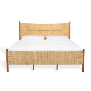 Boho Rattan Platform Bed Frame – Solid Mahogany & Banana Stem, Minimalist Mid-Century Bed, Queen King Custom Wood Bed