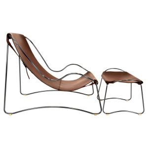 Sculptural Leather Chaise Lounge with Ottoman, Modern Steel Frame Lounger, Handmade Spanish Saddle Leather Chair, Brown Leather Chaise