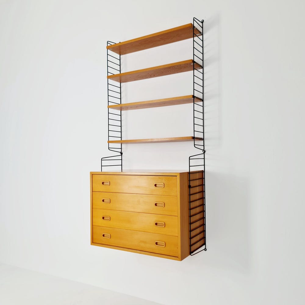 Wall-mounted original Swedish string shelf system, drawers, bookcase Ash wood by Nils & Kajsa Strinning, 1960s - Image 3