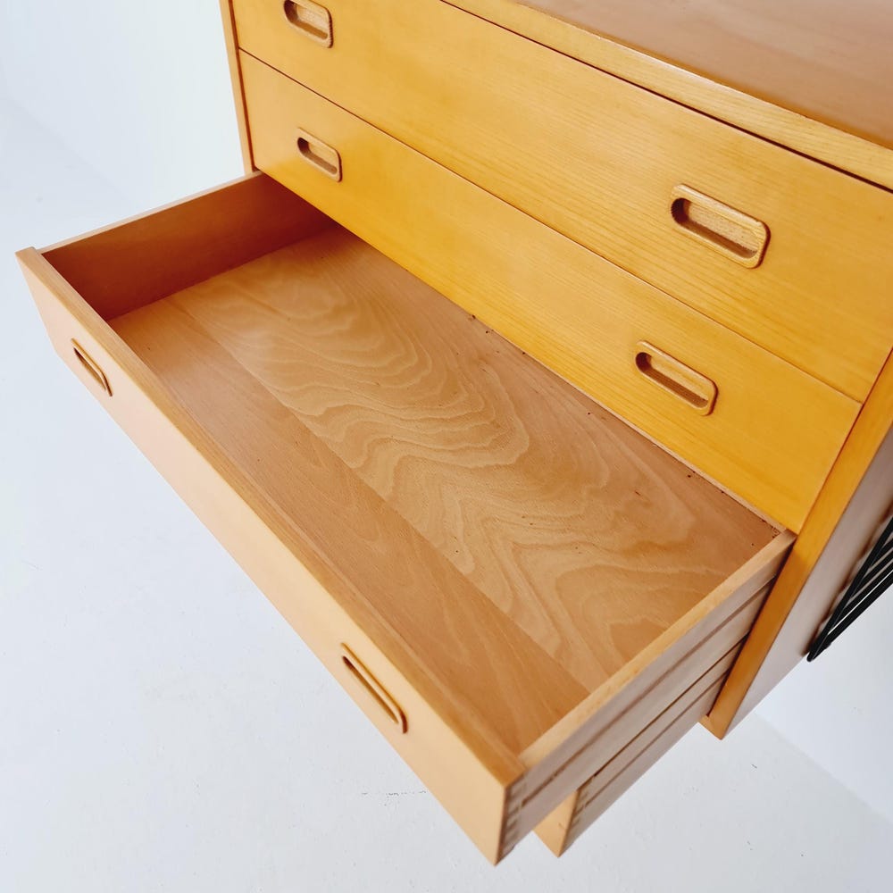 Wall-mounted original Swedish string shelf system, drawers, bookcase Ash wood by Nils & Kajsa Strinning, 1960s - Image 8