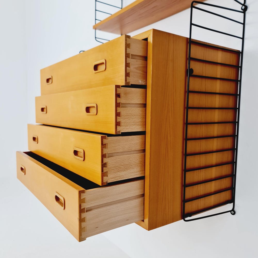 Wall-mounted original Swedish string shelf system, drawers, bookcase Ash wood by Nils & Kajsa Strinning, 1960s - Image 7