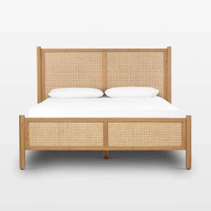 Handmade Teak Wood Rattan Bed Frame – Boho Japandi Cane Platform Bed in Twin, Full, Queen, King, Cal King Sizes