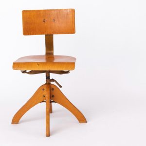 Vintage 1950s Industrial Chair – Adjustable German Factory Stool, Beech Wood Frame