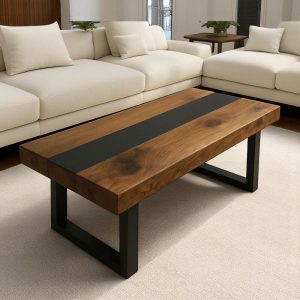 Solid Walnut Coffee Table, Modern Rectangle Wood Table with Metal Legs, Living Room Centerpiece