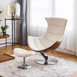 Lobster Lounge Chair with Ottoman | White Texture Leather Recliner | Walnut Finish | Modern Armchair & Footstool Set | Living Room Seating
