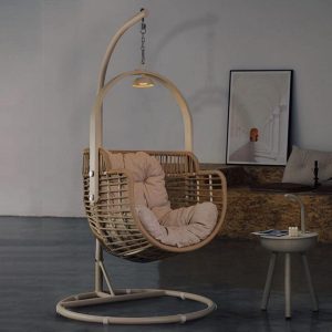 Rattan Garden Hanging Egg Chair with Stand | Indoor Outdoor Hanging Chair | Cream Rope Swing Chair | Modern Patio & Balcony Furniture