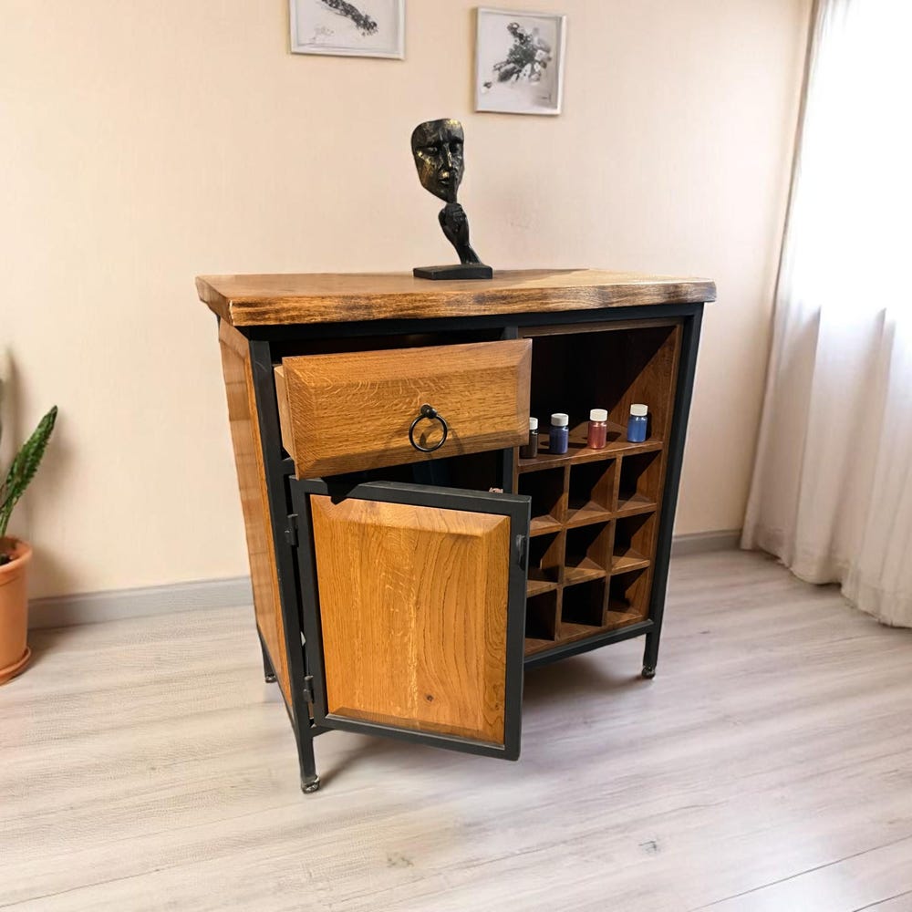Wood Wine Rack Kitchen Cabinet Shelf | Walnut Wood Mini Wine Bar & Liquor Storage Sideboard - Image 7