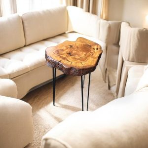 Rustic Root Wood Coffee Table, Handmade Live Edge Olive Wood Table with Metal Legs, Natural Tree Stump Centerpiece