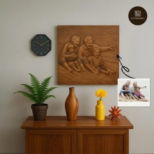 Hand Carved Embossed Wood Portrait – Personalized Family Gift, Rustic Wall Art, Realistic Engraved Carving