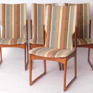 Set of 4 Vintage Teak Dining Chairs by Vamdrup – 1970s Danish Design, Original Striped Upholstery
