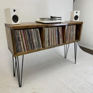 55 inch dark walnut record holder with 22” 3 rod hairpin legs. Ready to go, item as is no substitutions available