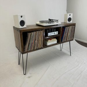 Ready to ship, no substitutions available, 50 inch dark walnut, 3 x 2 recordholder with 16 inch legs. item heavily discounted