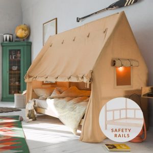 Toddle  Beige Canopy Bed,  House Bed Frame for Kids, Floor Toddler Bed with Rails, Solid Wood Bed, Nursery Furniture, Twin  bed ,Full bed