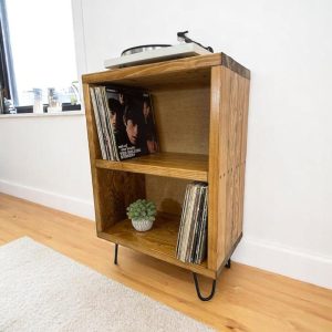Record Stand Record Player Console Vinyl Record Holder Vinyl Record Bookshelf Shelf for Turntable and Records Made in USA Dbl-Stack