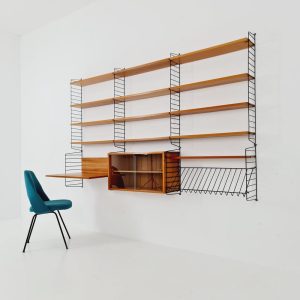 Wall-mounted original Swedish string shelf system, drawers, bookcase Ash wood by Nils & Kajsa Strinning, 1960s